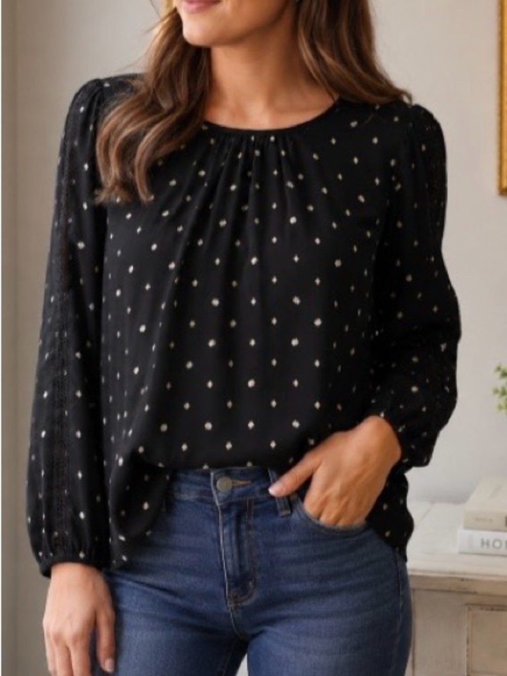 Ann Taylor Womens Medium Top Black Diamond Mini Print Lace Inset Long Sleeve